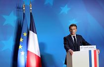 French President Emmanuel Macron speaks during a media conference at an EU summit in Brussels, Friday, Oct. 21, 2022.