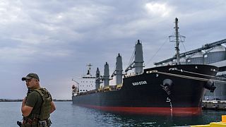 Ein Frachter im Hafen von Odessa am 29.07.2022