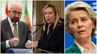 رئيسة المفوضية الأوروبية أورسولا فون دير لاين ورئيسة الوزراء الإيطالية جورجيا ميلوني ورئيس المجلس الاوروبي شارل ميشال. 