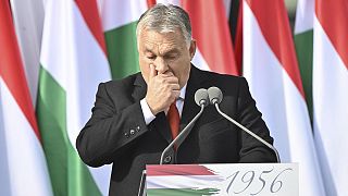 PM Viktor Orban reacts as he delivers a speech during an event to commemorate the 66th anniversary of the Hungarian uprising against the Soviet occupation, 23 October 2022