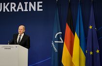 Deutschlands Bundeskanzler Olaf Scholz auf der Berliner Konferenz zum Wiederaufbau der Ukraine