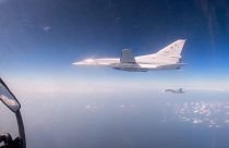 A Tu-22M3 bomber of the Russian air forces flies over the Mediterranean after taking off from the Hemeimeem Air Base in Syria. 19 February 2022.  