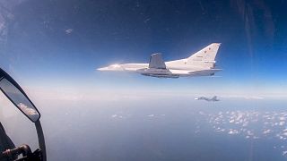 A Tu-22M3 bomber of the Russian air forces flies over the Mediterranean after taking off from the Hemeimeem Air Base in Syria. 19 February 2022.  