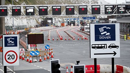 Vehicles arrive at the Port of Dover, in Dover.