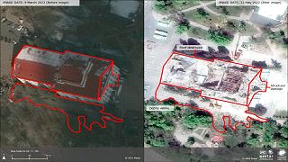 Le immagini satellitari prima e dopo un bombardamento vengono confrontate per stabilire il grado di distruzione di un edificio