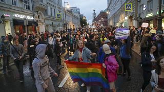 LGBT activists rally to cancel the results of voting on amendments to the constitution in Pushkin Square in Moscow, Russia. 15 July 2020