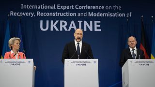 From left, European Commission President Ursula von der Leyen, Ukrainian Prime Minister Denis Shmyhal and German Chancellor Olaf Scholz