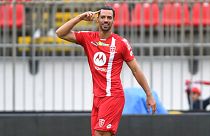 Monza's Pablo Mari' celebrates after scoring during the Italian Serie A match between Monza and Spezia, at the U-Power Stadium in Monza, Italy, Sunday, Oct. 9, 2022.