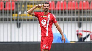 Monza's Pablo Mari' celebrates after scoring during the Italian Serie A match between Monza and Spezia, at the U-Power Stadium in Monza, Italy, Sunday, Oct. 9, 2022.