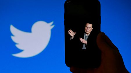 A phone screen displays a photo of Elon Musk with the Twitter logo shown in the background
