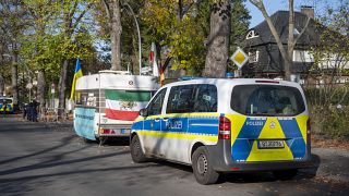 A protest camp of activists demonstrating against the Iranian regime in front of the Iranian Embassy in Berlin