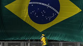 a Brazilian flag installed on the ramp of the Planalto Palace in Brasilia, Brazil, Monday, Oct. 31, 2022.
