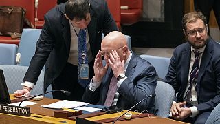 Russian Ambassador to the United Nations Vasily Nebenzya adjusts his glasses during a session at United Nations HQ, 31 October 2022
