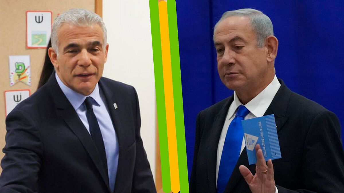 A g. : Yair Lapid, Premier ministre sortant, à Tel Aviv (01/11/2022) - A dr. : Benjamin Netanyahu, ex-PM, à Jérusalem (01/11/2022)