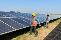Workers clean panels at a solar park in Modhera.