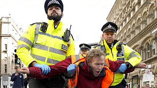 Police officers arrest an activisit from the group Just Stop Oil after they blocked a road in London, Thursday, Oct. 27, 2022.