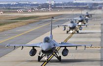 South Korean Air Forces' KF-16 fighters prepare to take off during joint aerial drills in Gunsan, South Korea, 31 October 2022