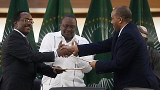 Le représentant du gouvernement éthiopien Redwan Hussein (à dr.) serre la main du chef de la délégation rebelle, Getachew Reda (à g.), Pretoria (Af. Sud), le 02/11/2022