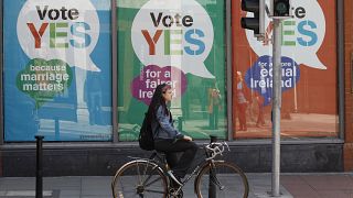 YES posters cover a shop's windows in Dublin, Ireland, May 21, 2015, before a referendum that resulted in the legalisation of same-sex marriage.