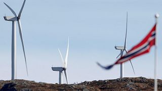 Wind turbines in Midtfjellet wind farm in Fitjar, Norway