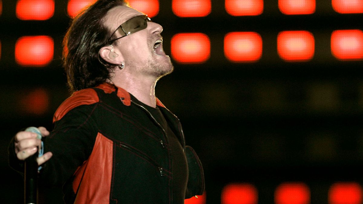 Bono, lead singer of the Irish rock band U2, performs during a concert in Buenos Aires, Argentina, Wednesday, March 1, 2006