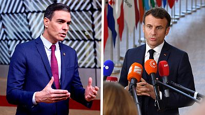 Spanish Prime Minister Pedro Sanchez (left); French President Emmanuel Macron (right).