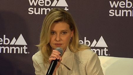 Ukraine's first lady Olena Zelenska giving a press conference at Web Summit 2022 in Lisbon.