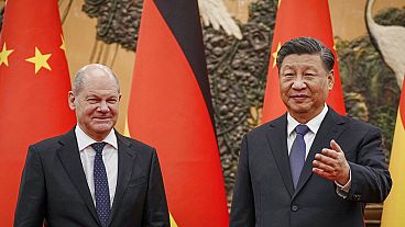 FILE - German Chancellor Olaf Scholz, left, meets Chinese President Xi Jinping at the Great Hall of People in Beijing, China, Friday, Nov. 4, 2022.