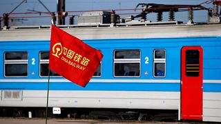 The China Railway flag flies on the site of the reconstruction of a railway line between Budapest and Belgrade, in Belgrade, Serbia, Nov. 28, 2017.
