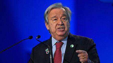 N Secretary-General Antonio Guterres speaks at the COP26 UN Climate Summit in Glasgow, Scotland last year.
