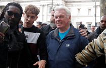 English conspiracy theorist David Icke leaving a 'We Do Not Consent' rally at Trafalgar Square, organised by Stop New Normal, to protest against coronavirus restrictions.
