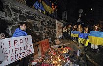 Акция протеста у иранского посольства в Киеве после того, как атаки беспилотников-камикадзе, проданных Тегераном Москве. 17 октября 2022 года