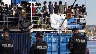 Migrants on the Humanity 1 at Catania on the island of Sicily