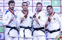 Le podium des -100 kg lors du Grand Slam de Bakou, Azerbaïdjan, dimanche 6 novembre 2022.