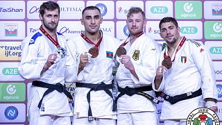 Le podium des -100 kg lors du Grand Slam de Bakou, Azerbaïdjan, dimanche 6 novembre 2022.