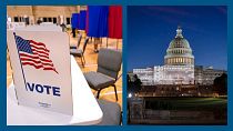 A g. : scène de vote dans le New Hampshire (archives) / A dr. : vue du Capitole à Washington (le 02/11/2022)
