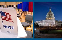 A g. : scène de vote dans le New Hampshire (archives) / A dr. : vue du Capitole à Washington (le 02/11/2022)