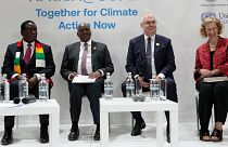 De g. à dr. : les présidents E. Mnangagwa (Zimbabwe), M. Masisi (Botswana), Alar Karis (Estonie), et Inger Andersen responsable d'une agence onusienne - Charm-el-Cheikh