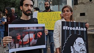 Protesters gather near the British embassy in the Lebanese capital Beirut to demand the release of jailed British-Egyptian political dissident Alaa Abdel-Fattah, Nov. 7, 2022.