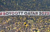 Fans display a banner during the German Bundesliga soccer match between Borussia Dortmund and VfB Stuttgart in Dortmund, Germany, Saturday, Oct. 22, 2022.