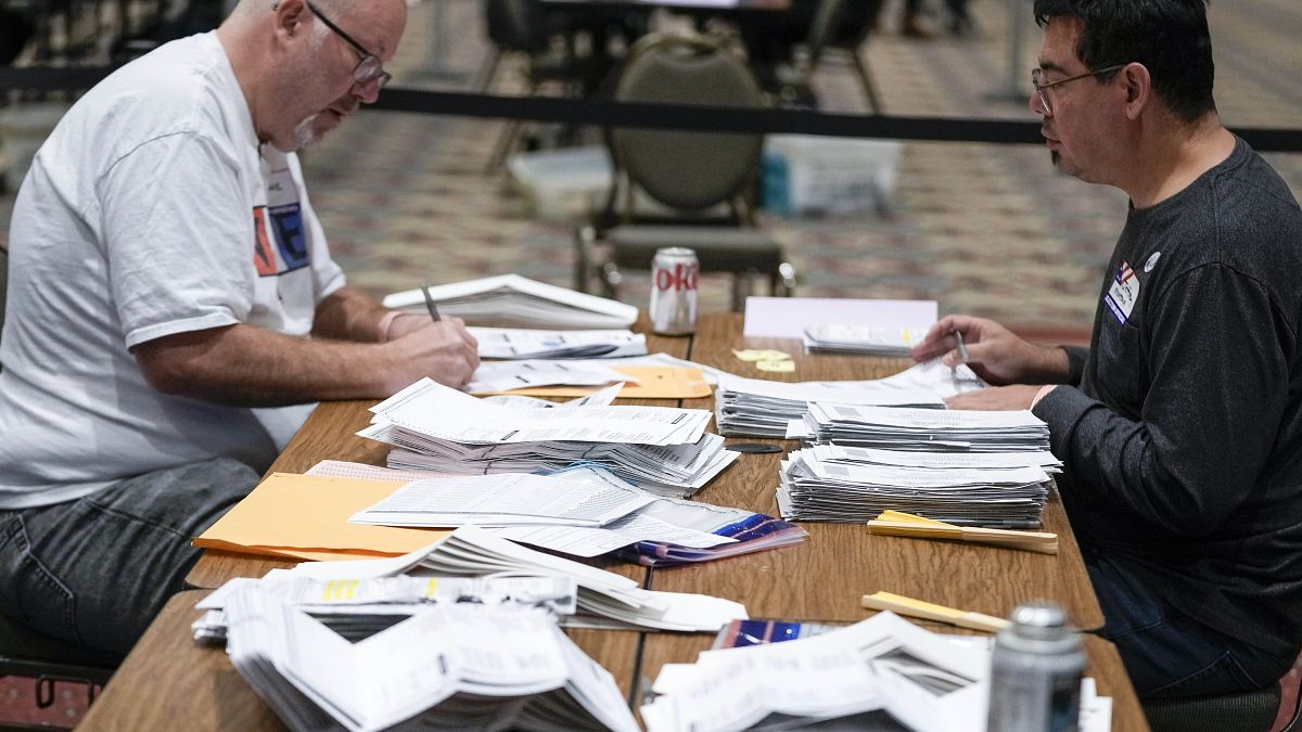 Workers count absentee ballots at the Wisconsin Center for the 2022 midterm elections in Milwaukee