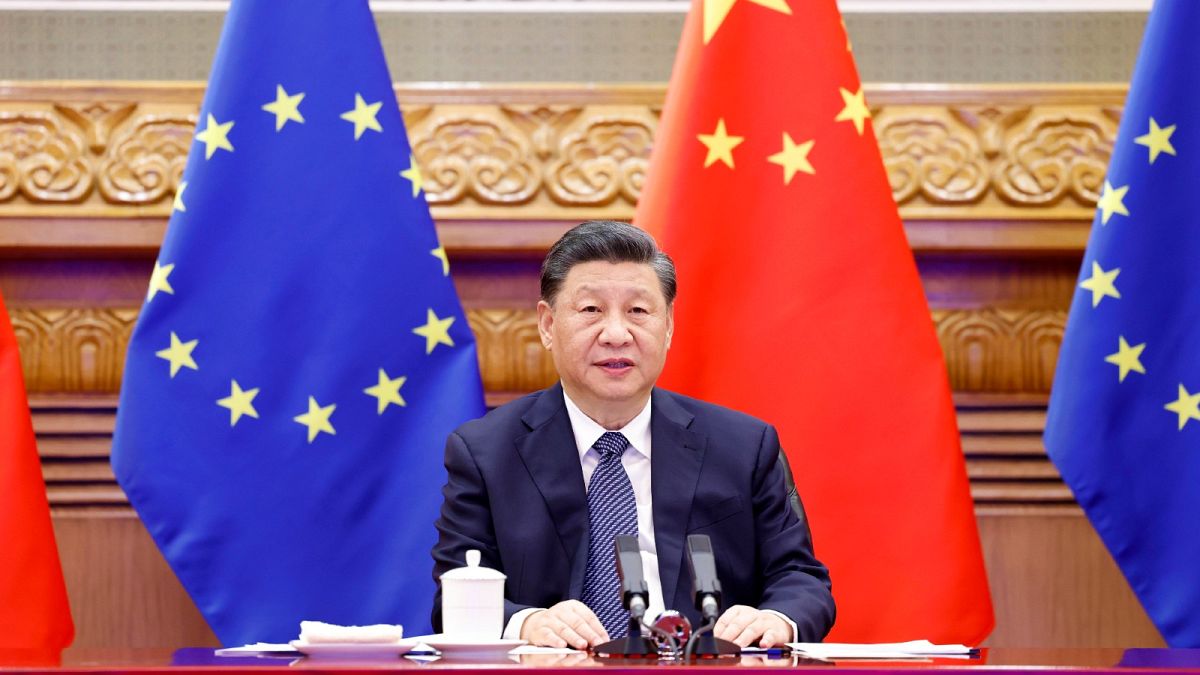 Chinese President Xi Jinping during a video meeting with European Council President Charles Michel and European Commission President Ursula von der Leyen, April 1, 2022.