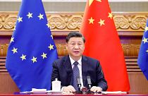 Chinese President Xi Jinping during a video meeting with European Council President Charles Michel and European Commission President Ursula von der Leyen, April 1, 2022.