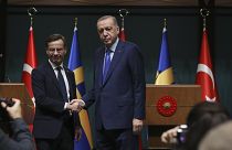 Turkish President Recep Tayyip Erdogan, right, and Sweden's new prime minister, Ulf Kristersson, at the presidential palace in Ankara, Turkey, Tuesday, Nov. 8, 2022.