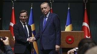 Turkish President Recep Tayyip Erdogan, right, and Sweden's new prime minister, Ulf Kristersson, at the presidential palace in Ankara, Turkey, Tuesday, Nov. 8, 2022. 