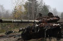 A destroyed Russian tank is seen near the recently recaptured village of Yampil, Ukraine, Wednesday, Nov. 9, 2022.