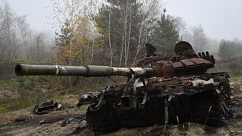 A destroyed Russian tank is seen near the recently recaptured village of Yampil, Ukraine, Wednesday, Nov. 9, 2022.