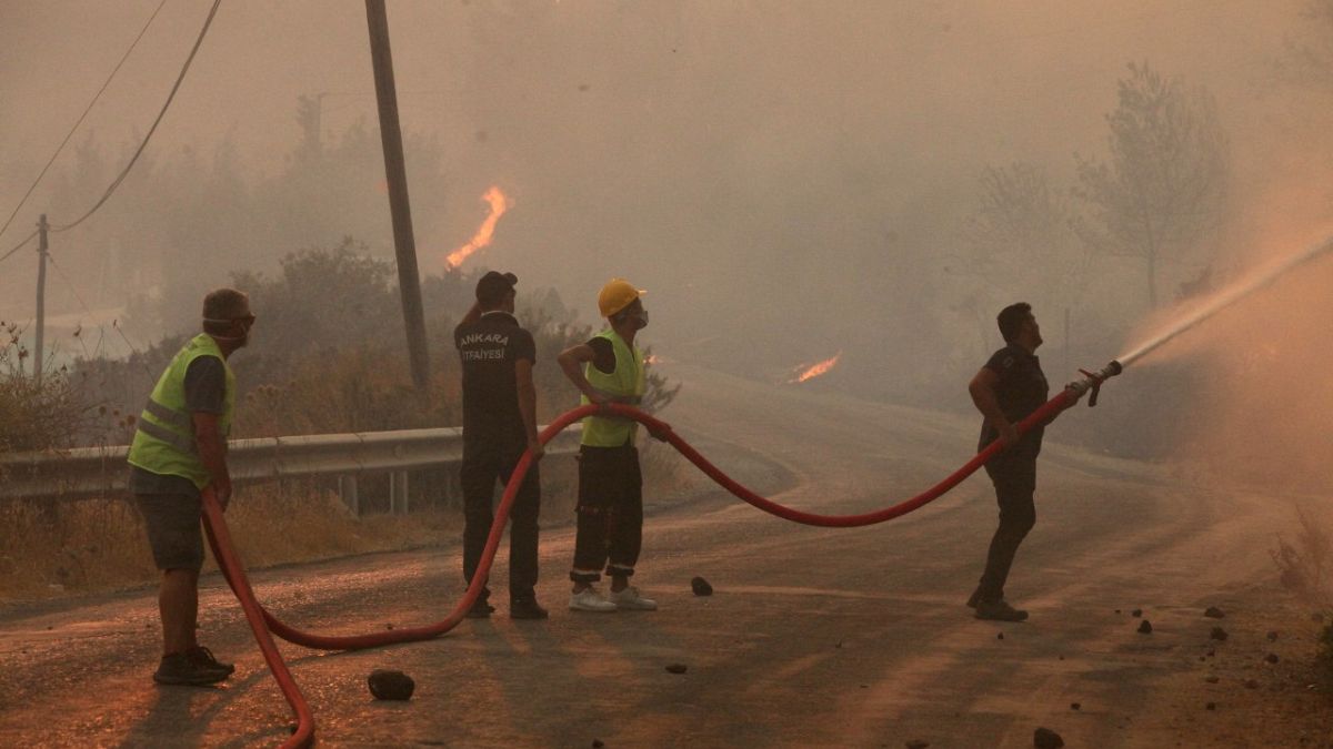 طواقم الإطفاء تعمل على إخماد حريق انتشر في مدينة أورين الساحلية على بحر إيجة، تركيا. 