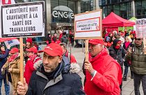 Trade union members demonstrate in front of Engie headquarters in Brussels, Nov. 9, 2022.