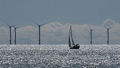 Wind turbines are pictured on the first French offshore wind farm off the coasts of La Turballe, western France on September 30, 2022.